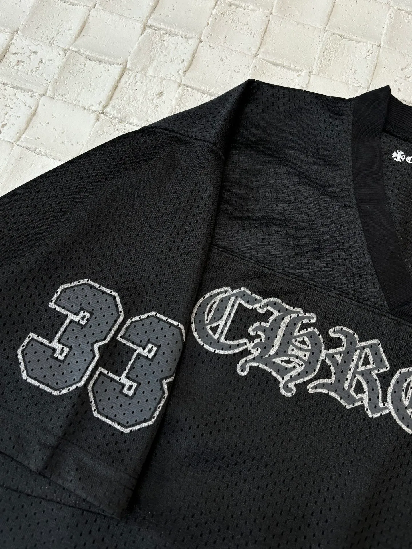 🅿️330 Chrome Heart*/Ch Chrome Heart 25SS mesh glitter ice hockey jersey short-sleeved. The fabric is made of high-density 100D bird's eye cloth. Double-sided mesh positioning is very time-consuming. The cost of labor loss is very high. Single-layer thin see-through bottom junk is not available on the market. Same style for men and women. OS version Size: S/M/L